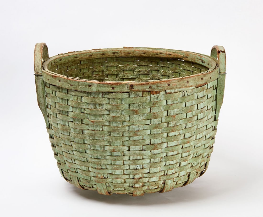 Painted Gathering Basket: Handled gathering basket in apple green paint. American, mid 19th century. H 12-3/4 in. D 18-1/2 in.