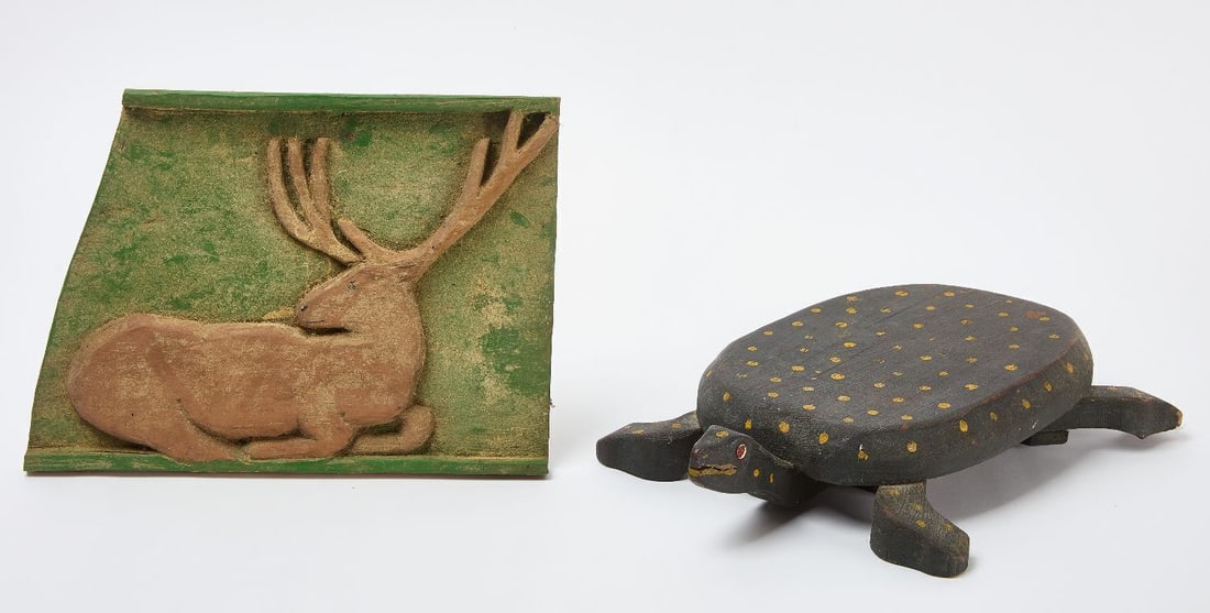 Folk Art Turtle and Deer Plaque: Folk art turtle. Carved and painted wood. Together with a carved and painted deer plaque. American, early 20th century. L 18-3/4 in. W 10-3/4 in. L 9-1/2 in. W 13-3/8 in.