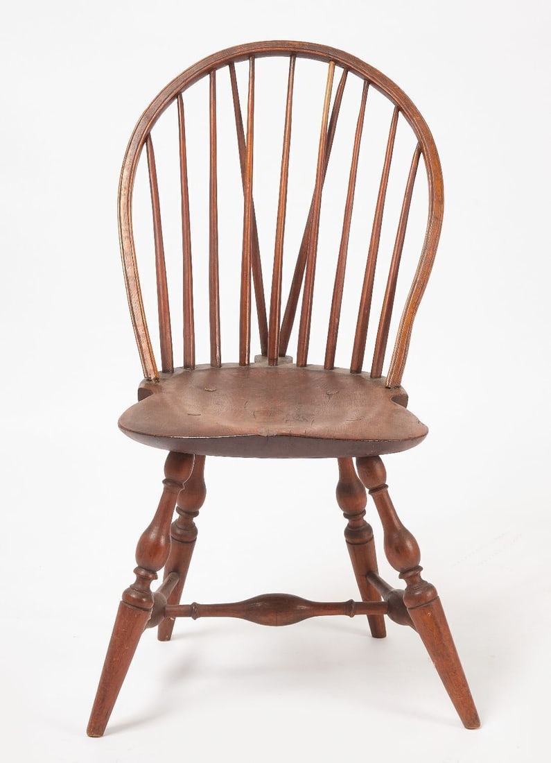 Windsor Chair: Windsor brace-back chair with turned legs and stretcher. New England, 18th century. H 36 in. W 19 in. D 20 in. SH 16-1/2 in.