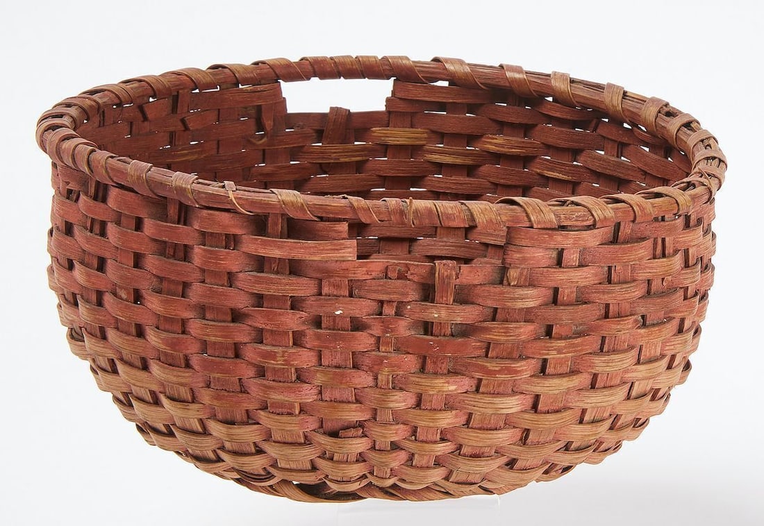 Gathering Basket in Red Paint: Gathering basket in red paint with inset handles. American, 19th century. H 5 in. D 8-1/2 in.