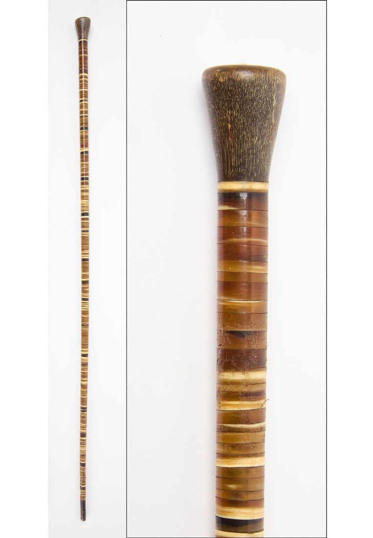 Scrimshaw Walking Stick: Scrimshaw walking stick. Rings of laminate horn and bone knob. American, early 19th century. L 33-1/2 in.