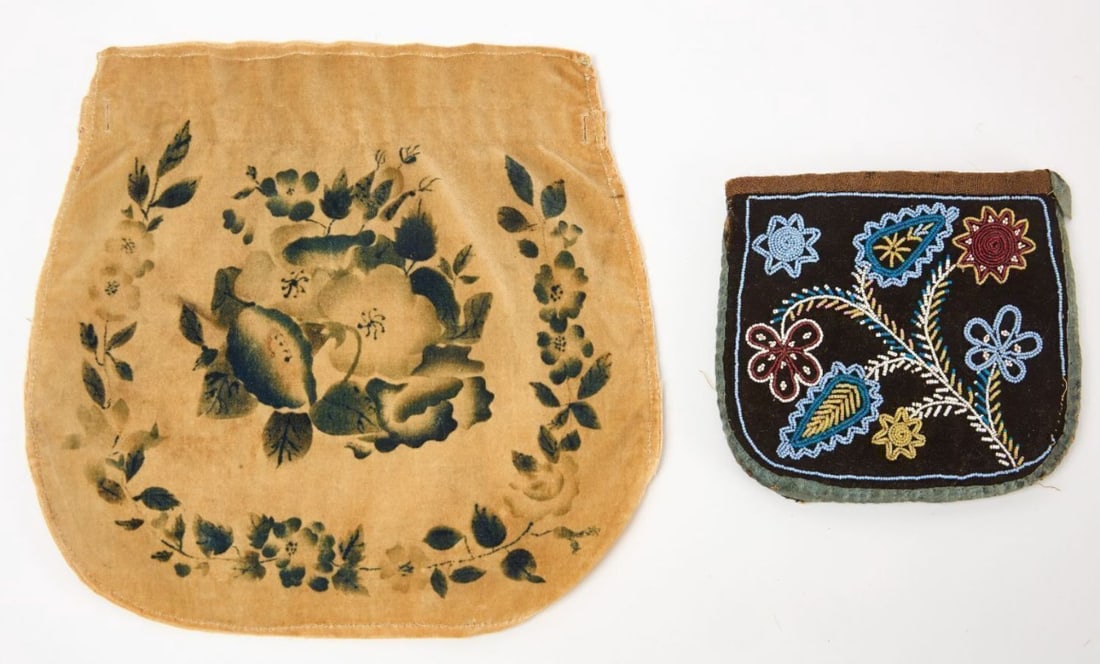 Early Ladies' Work Pocket and Beaded Purse and Two Heart-Form Scherenschnitte: Early ladies' work pocket. Watercolor theorem on fabric. Together with a beaded purse. American, 19th century. L 9 in. W 9-1/4 in. and L 5 in. W 5-1/2 in. Two heart-form scherenschnitte. Ink on
