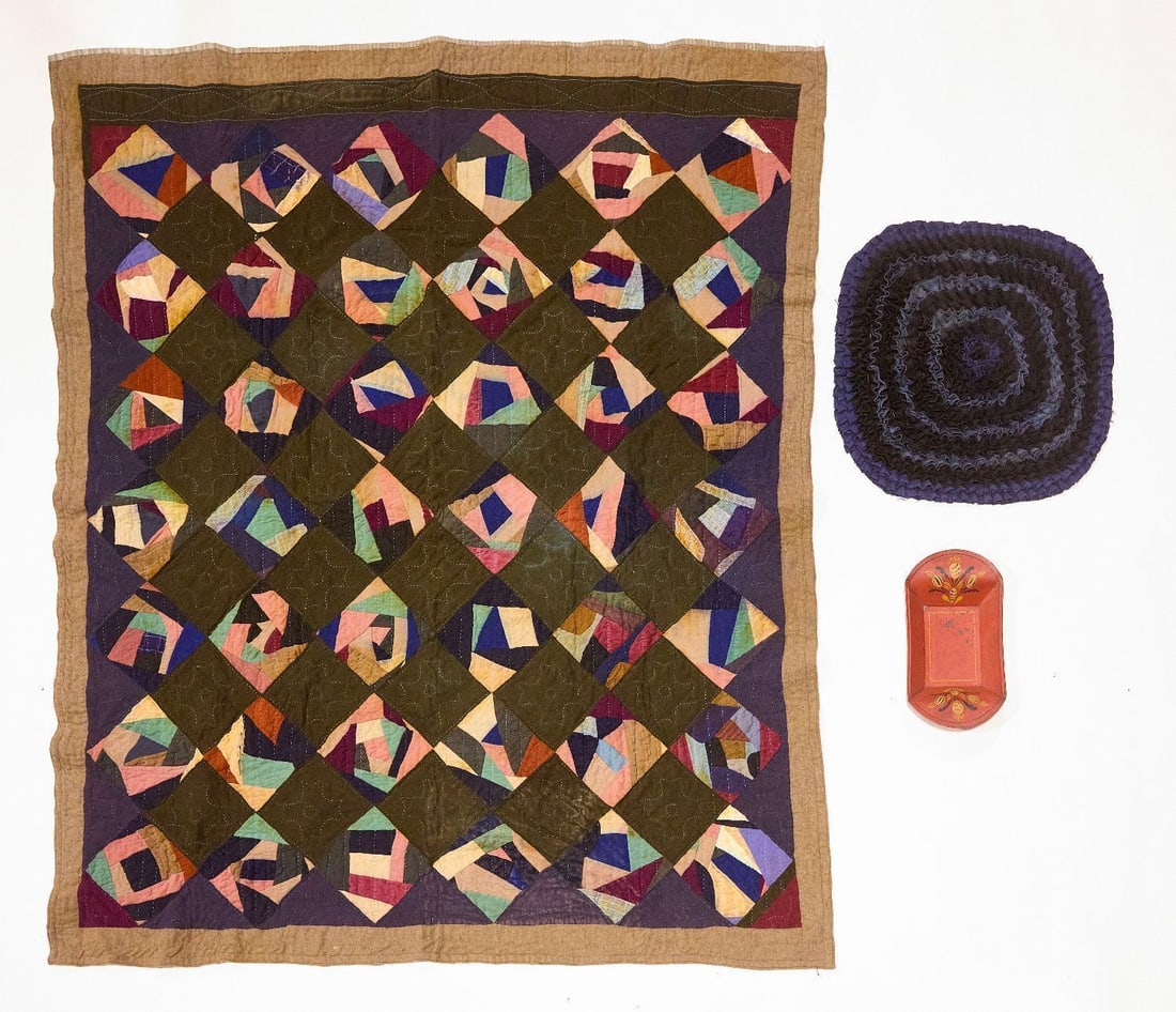 Graphic Quilt Red Toleware Tray and Seat Mat: Graphis quilt, intersting fabric table mat and a painted tole apple tray. American, late 19th-early 20th century. Tray: H 1-5/8 in. L 14-1/2 in. W 8-1/2 in. Rug: D 26 in. Quilt: L 80 in. W