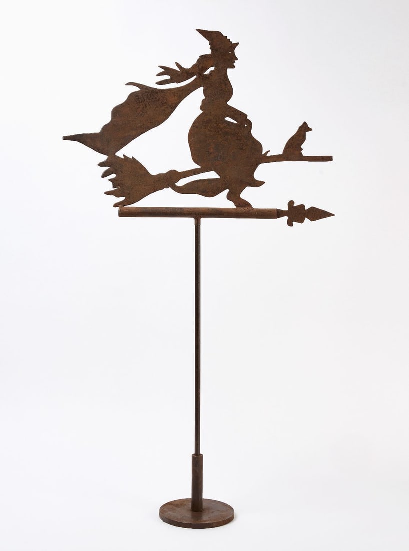 Flying Witch Weathervane: Flying witch weathervane. Iron or sheet metal. 20th century. (On Stand) H 42-1/2 in. L 23 in.