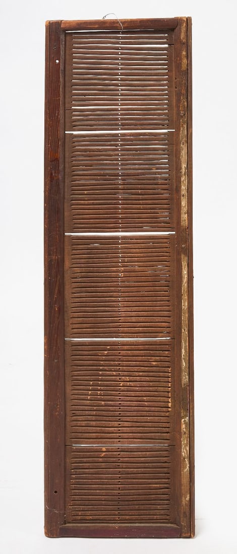 Large Tape Loom in Unusual Form: Five carved tape looms mounted in a wood frame. Found in Eastern Connecticut. Early 19th century. H 44 in. W 13 in.