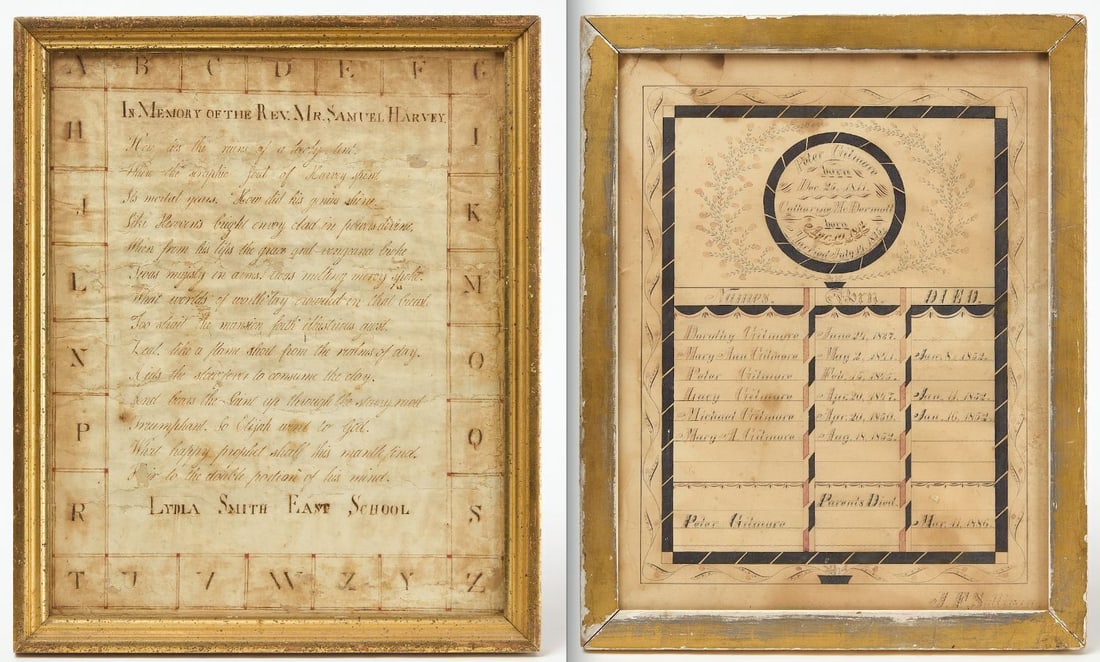 Two Early Family Records: Family record for the Gilmore family. Watercolor and ink on paper. Signed J. F. Sullivan in LR. Includes the names of Peter and Catharine with their birth dates and marriage date, below the names of