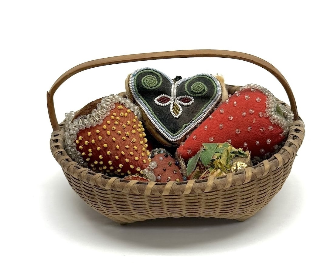 Antique Pin Cushion Collection with Vintage Basket: Antique Pin Cushion Collection with Vintage Basket. Basket : H 4 in. W 6 in D 6 in.