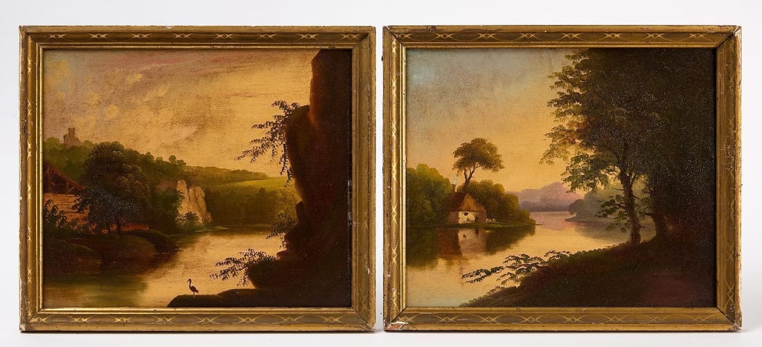 Two Folk Art Landscapes: Two folk art Husdon River landscapes painted by the same hand. Oil on wood board. Original frames. American, circa 1900. Provenance: Cooley Gallery (Old Lyme, Connecticut). Frame: H 13-1/2 in. W