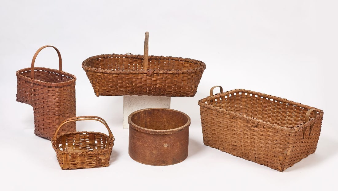 Four Splint Baskets and Round Measure, with Primitive Livestock Trough: Four spint baskets. Together with a round wooden measure . American, 19th century-20th cnetury, Measure: H 8-1/2 in. D 14-1/2 in. Baskets: H 14 in. W 32 in. D 19 in., H 13 in. W 26 in. D 17-3/4 in.,