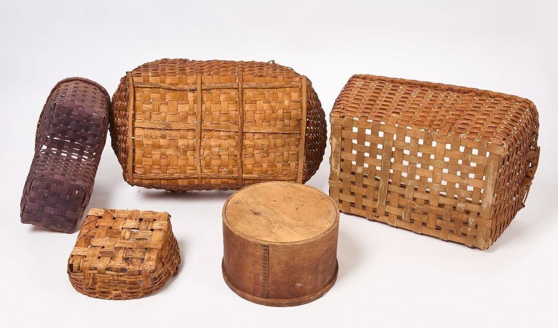 Four Splint Baskets and Round Measure, with Primitive Livestock Trough - 2
