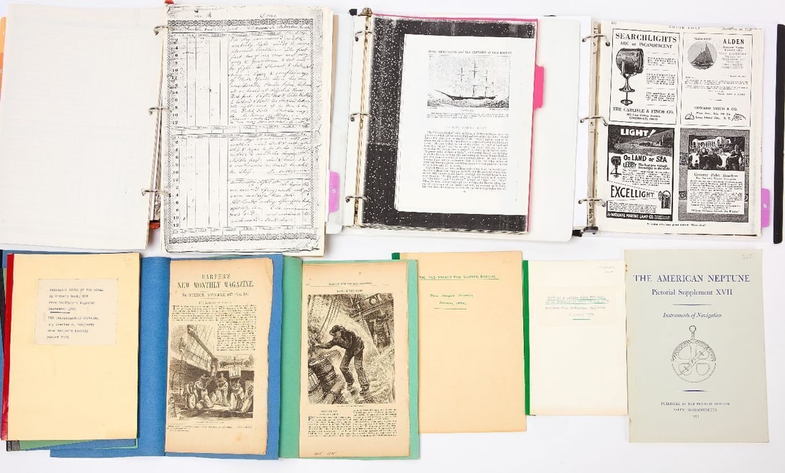 Group of Nautical Ephemera and Pamphlets: Group of Nautical ephemera and pamphlets. Includes a Ship Lantern Catalog, a Copy of a Ship Log Book from Brig Franklin from the Netherlands in 1840, two book copies of Merchants and Sea Captains of