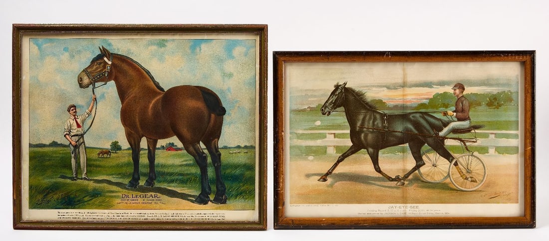 Two Chromolithographs with Horses: Two chromolithographs with horses. Robert Livingston Dickey (Chicago) depicting race horse Jay-Eye-See. Together with an advertising for Dr. L. D. LeGear Medicine Co., depicting their 'largest