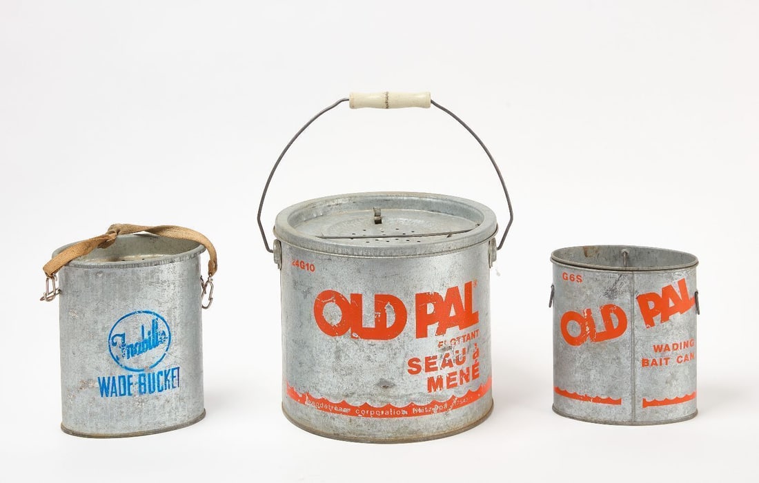 Old Pal Minnow and Wade Buckets: Galvanized metal Old Pal minnow and wade buckets mid 20th century. H 8-1/2 in. D 9-1/2 in. H 7-1/2 in. W 6-1/2 in. D 4 in. H 7 in. W 6-1/4 in. D 3-3/4 in.