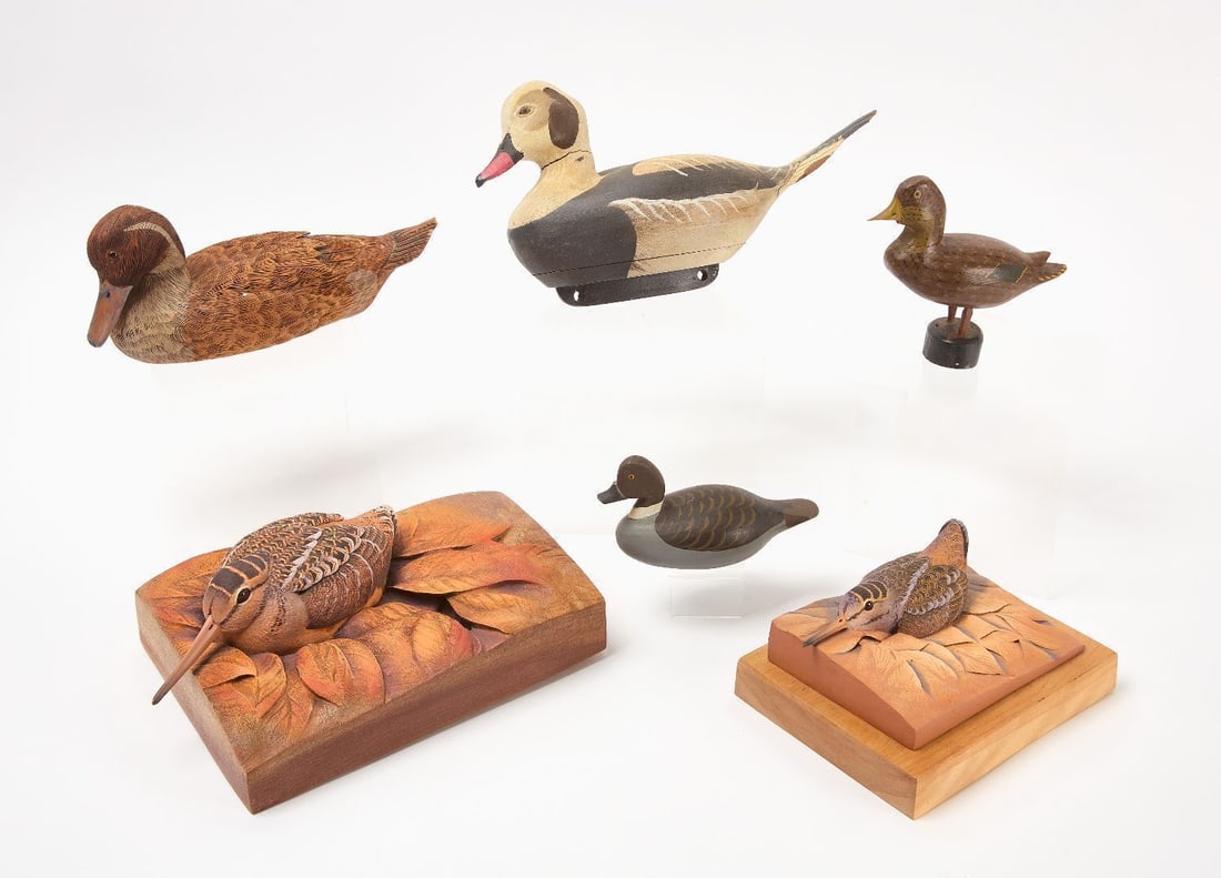 Lot of Six Bird Decoys: Lot of six hand carved wooden bird aculptures and decoys. some are singed on the bottom. H 7 in. L 13 in. H 5 in. L 11 in. H 3-1/2 in. L 6-1/2 in. H 6 in. L 6-1/2 in H 4-1/2 in. W 5-1/4 in. D 8 in. H