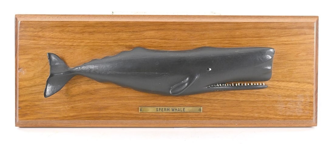 Carved Wood Sperm Whale Plaque: Model of a sperm whale, carved wood body painted black, jaw fitted with individually mortised and painted wood teeth, painted eye detail, mounted to a walnut plaque with brass "Sperm Whale" 