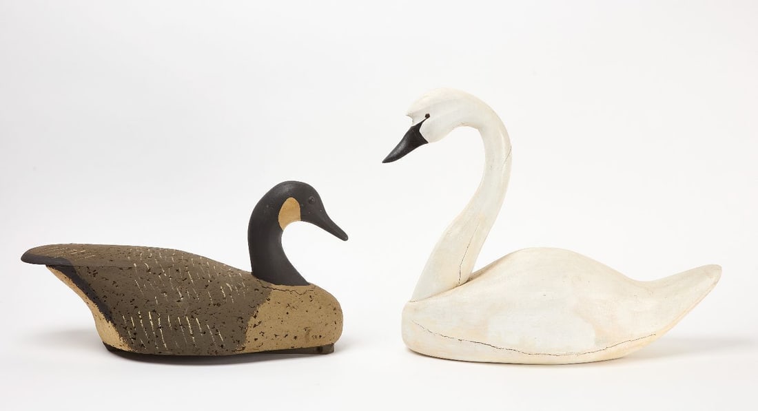 Swan and Goose Decoys: Hand carved and painted wooden swan and goose decoys. H 18 in. L 23 in. H 12 in. L 21in.