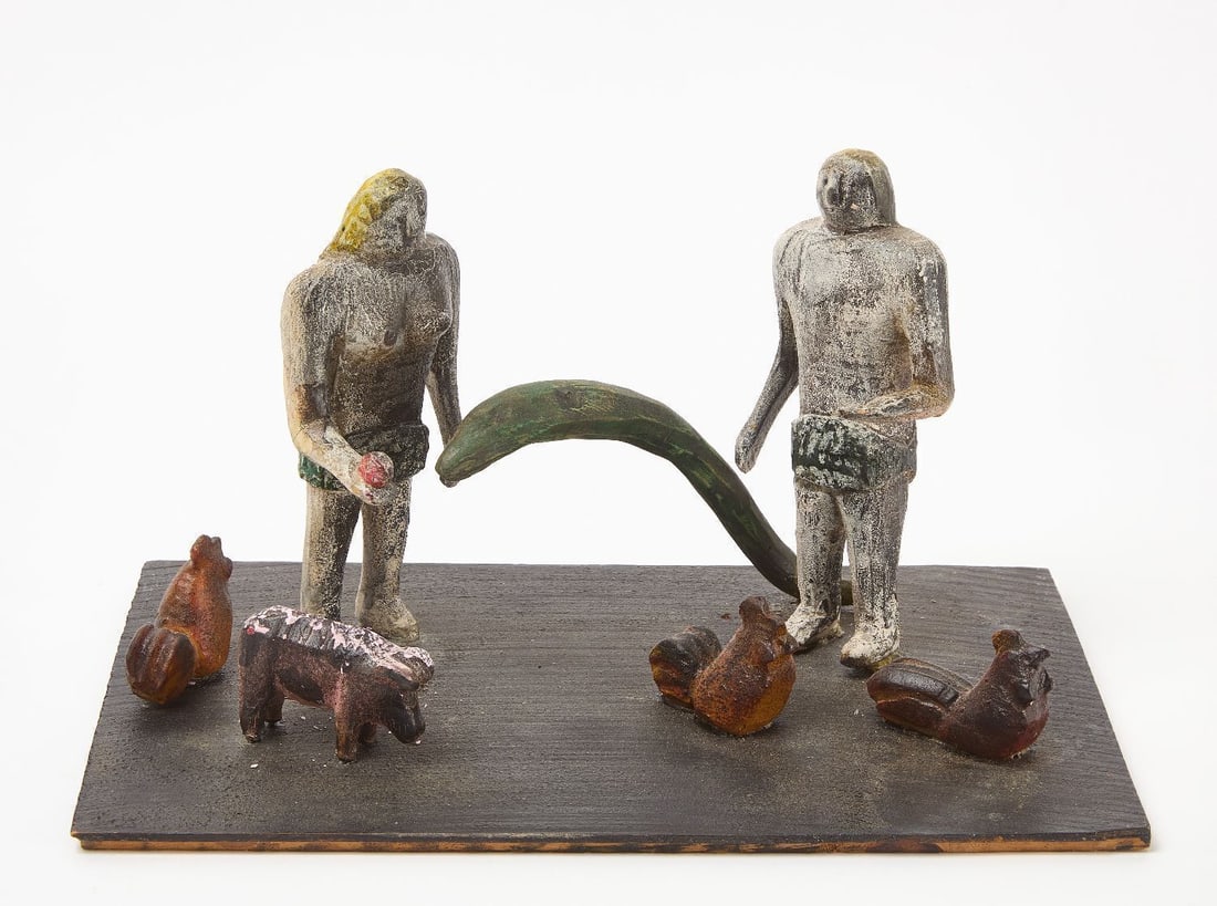 Folk Art Adam and Eve: Folk art series of carvings depicting Adam and Eve with a snake between, with three roosters and a pig in the foreground. Carved and painted wood secured to wood platform. American, early 20th