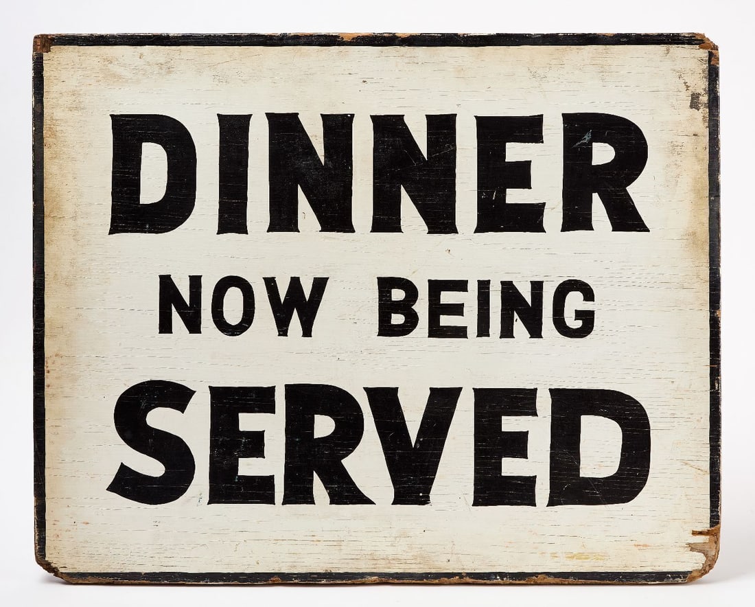 Restaurant Trade SIgn: Restaurant trade sign. Double-sided painted wood. 'Dinner served' with 'Lunch served' on reverse. American, circa 1940. H 24 in. W 30 in.