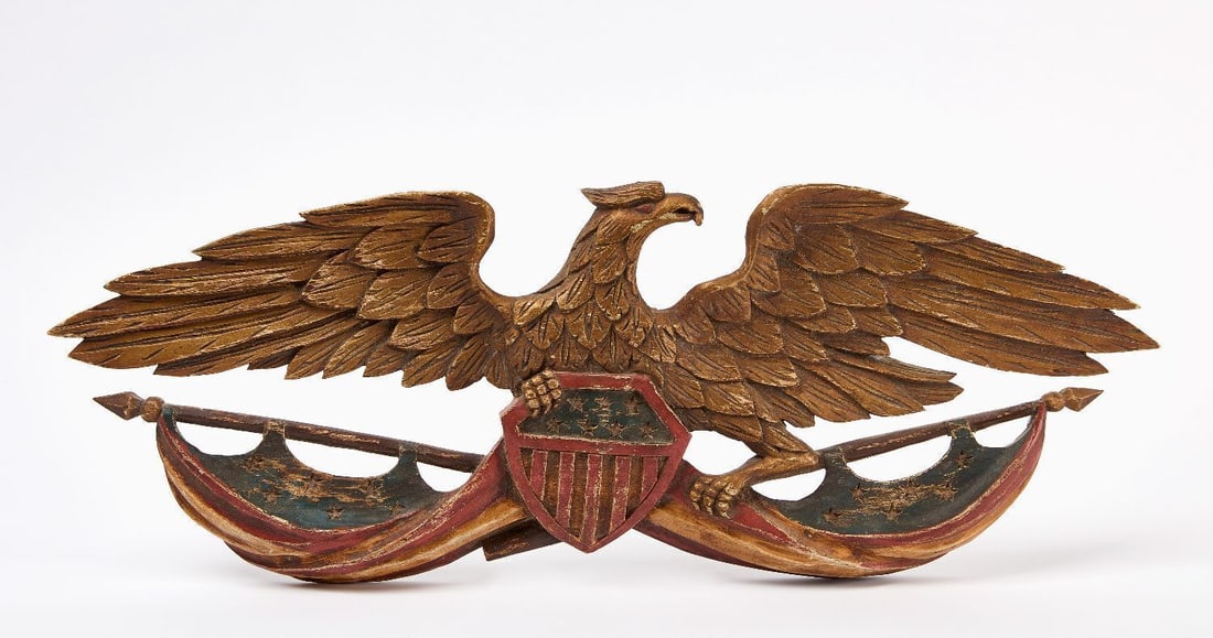 Carved Eagle Plaque: Eagle plaque with shield. Carved wood with original paint. American, early 20th century. H 8-1/2 in. L 25 in.