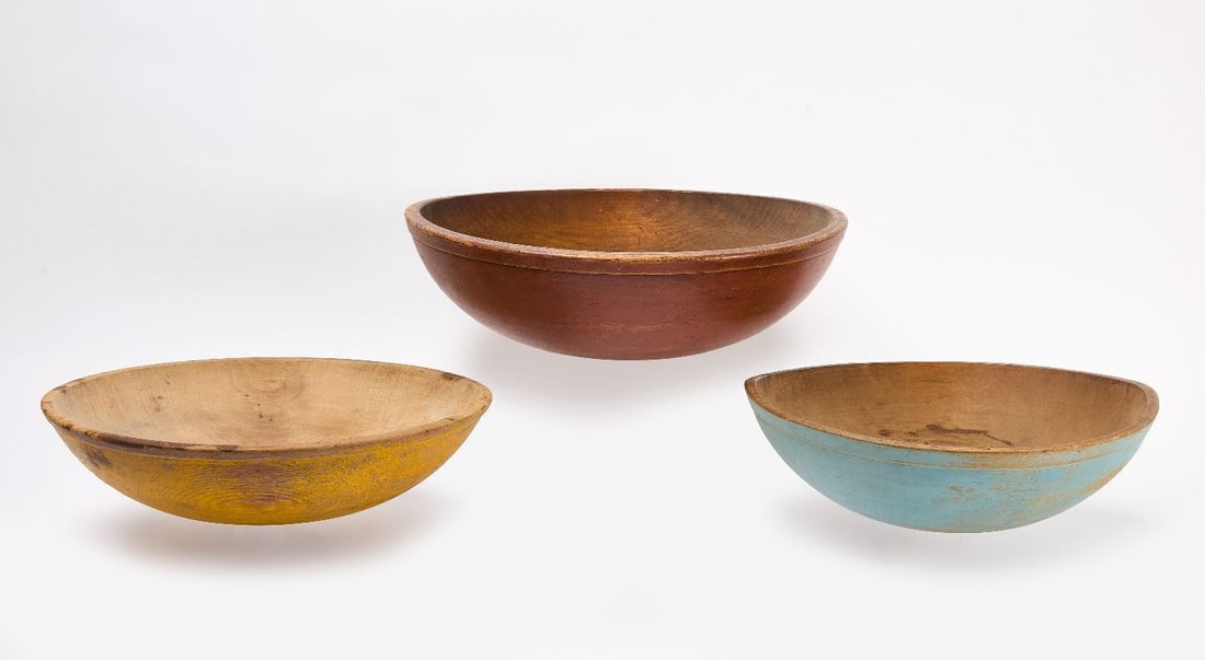 Three Turned and Painted Bowls: Three turned and painted bowls. New England 19th century. H 5-1/4 in. D 15-1/4 in. H 4-5/8 in. D 16-5/8 in. H 5-5/8 in D 18-3/4 in