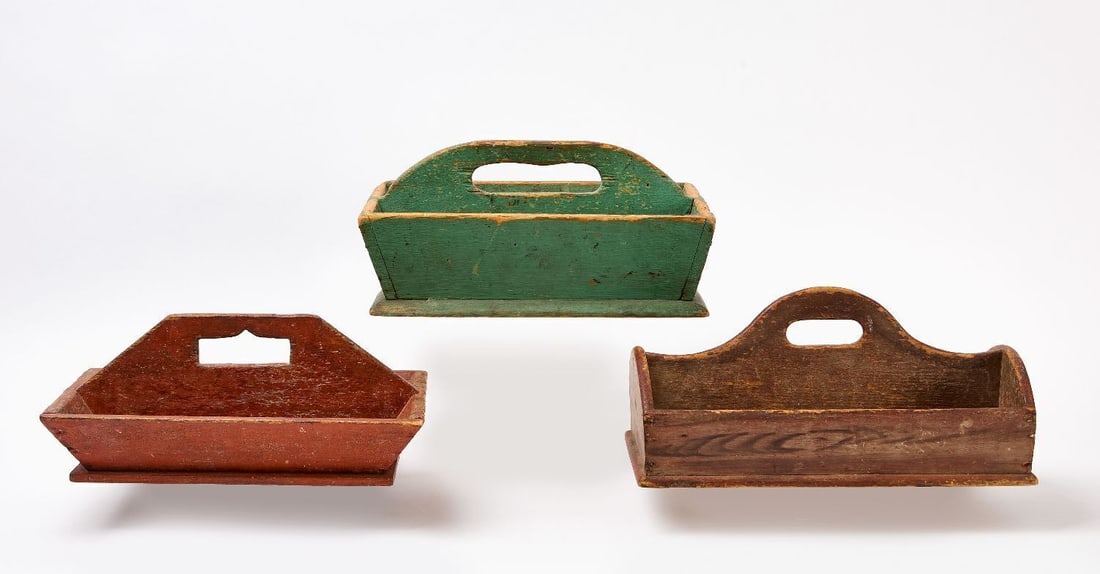 Three Knife Trays: Three knife wooden trays. Two in paint. American, 19th century. H 7 in. L 14-3/4 in. W 10-3/4 in. H 7 in. L 15 in. W 8 in. H 6 in. L 14 in. W 10 in.