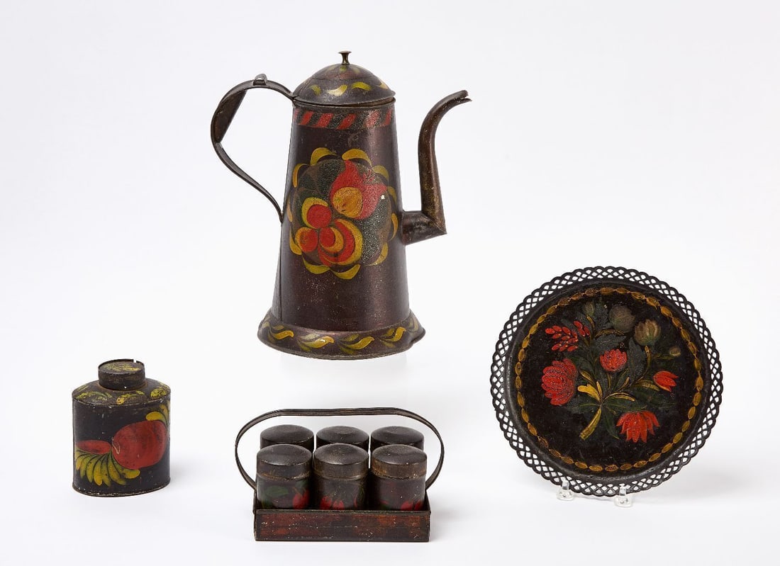 Painted Tole Group: Group of painted tole. Including a goose neck coffee pot, a round tray, a tea cannister and a set of spice cannisters with holder. New England, mid 19th century. Coffee pot: H 11 in. Tea cannister: H