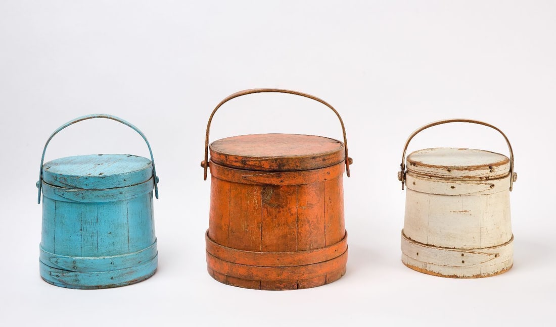 Three Painted Firkins: Three painted firkins. Original or very old paint. New England, 19th century. Bittersweet orange: H 11-1/4 in. D top 11-7/8 in. Blue: H 9-1/2 in. D top: 9-1/4 in. White: H 9-3/4 in. D top: 9