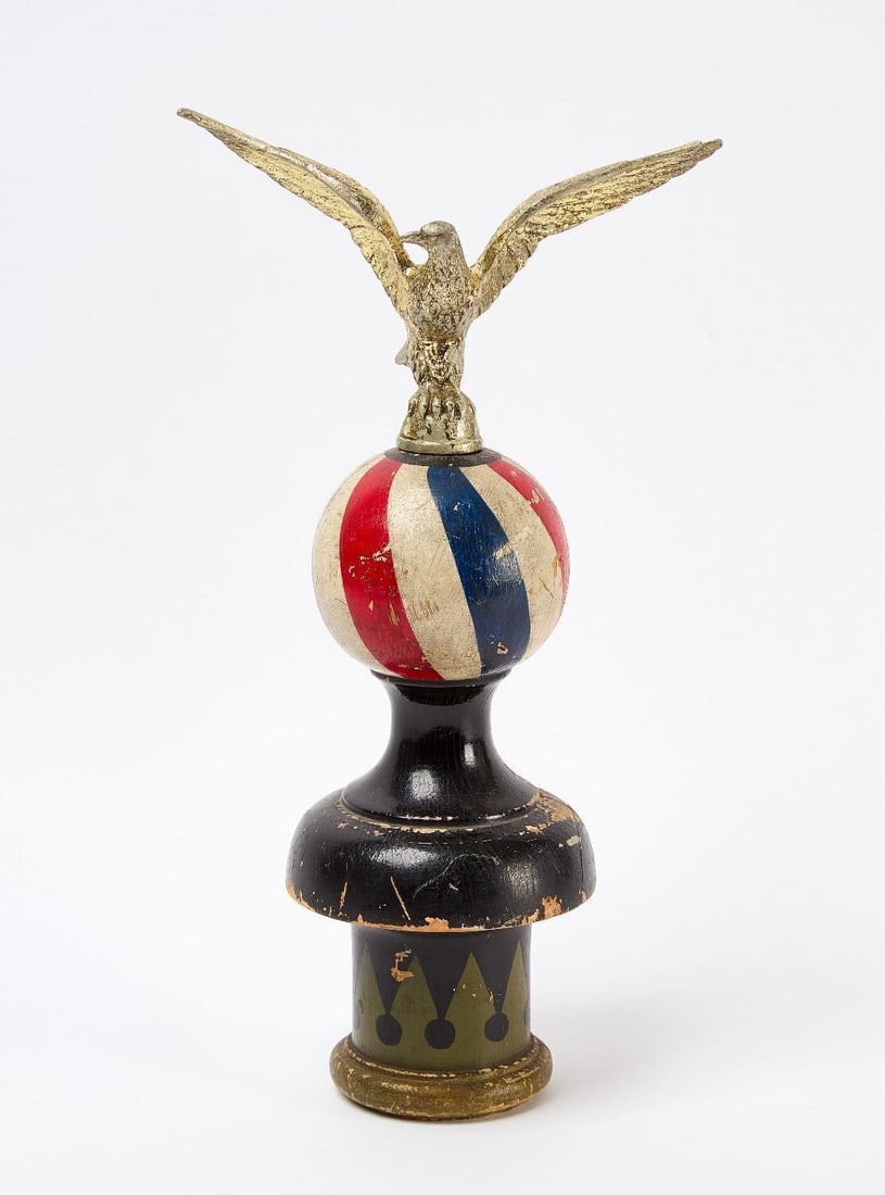 Turned and Painted Finial with Eagle: Finial with metal eagle. Finial is turned wood with original whimsical paint. American, circa 1900. H 18 in. 