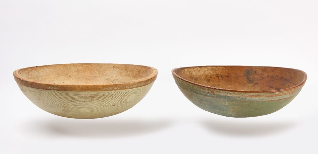 Two Turned and Painted Bowls: Two turned and painted bowls. Original blue and light gray paint. New England, mid 19th century. H each: 4-3/4 in. D 17-5/8 and 17-3/4 in.