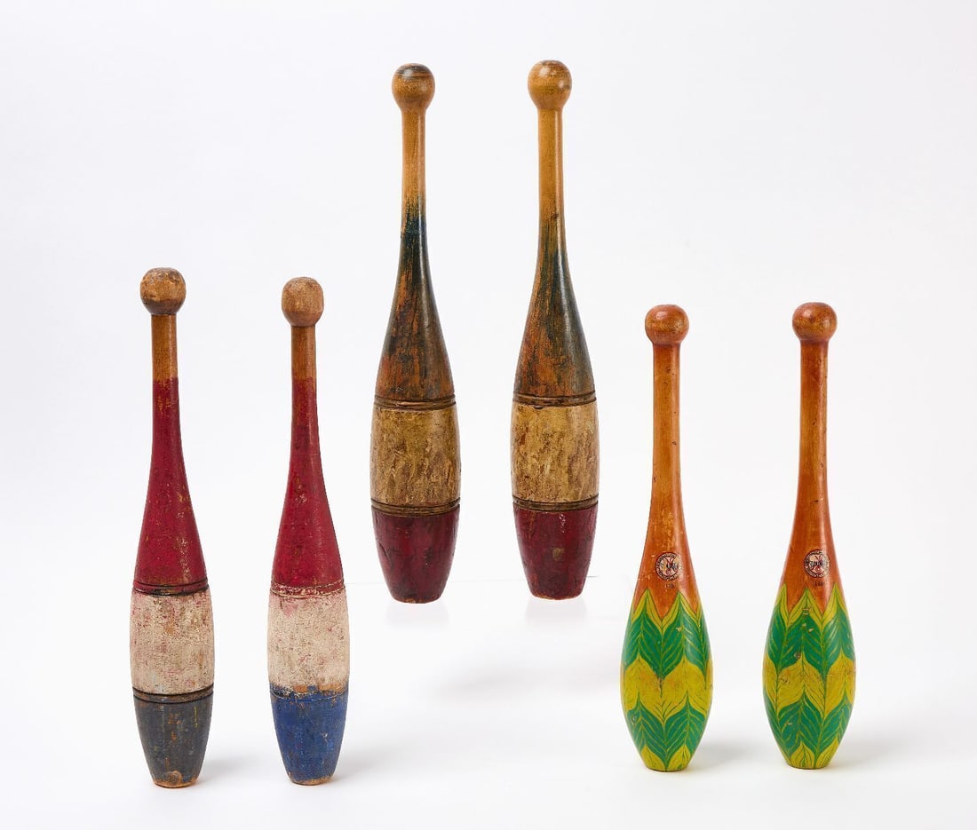 Three Pairs of Painted Exercise Pins: Three pairs of painted exercise pins. Turned wood with original paint. American. Circa 1900. H 15 in. 16 in and 18-1/2 in.