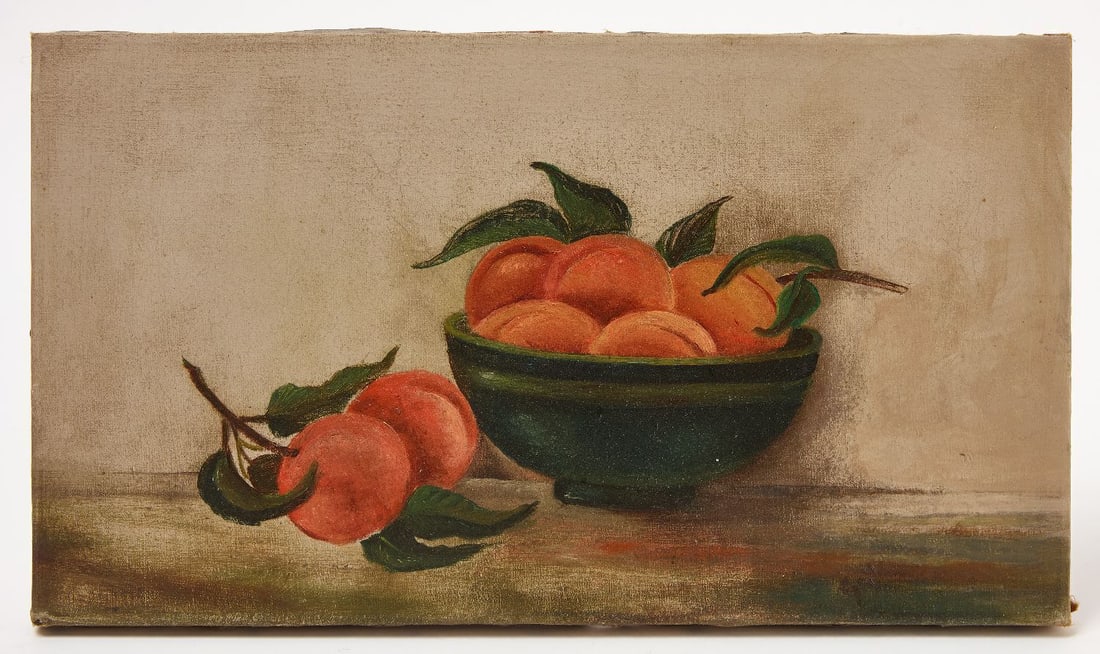 Still Life with Peaches: A still life composition of peaches. Oil on canvas. Signed "Gail" to LR. early 20th century. H 10 in. W 17-5/8 in. D 7/8 in.
