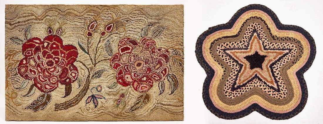 Braided Star Rug, Hooked Rug, and Two Pieces of Tole: One braided rug with concentric star design. Together with one mounted hooked rug featuring two floral motifs. American, circa 1900. Star Rug: W 35 in. Mounted Rug: H 32 in. W 49-3/4 in. One tole