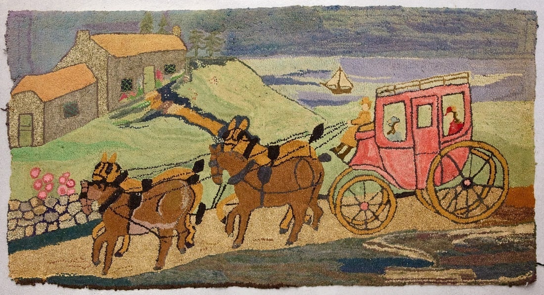 Hooked Rug with Stagecoach: Hooked rug with stage coach. American, circa 1930. L 65 in. W 34-1/2 in.