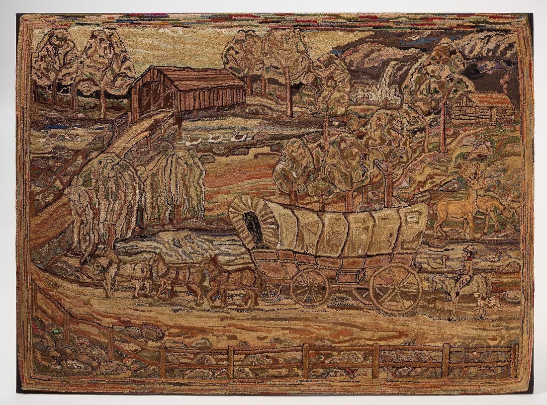 Western Scene Hooked Rug: Western scene hooked rug. Professionally mounted. American, circa 1920. H 38-1/2 in. W 53 in.