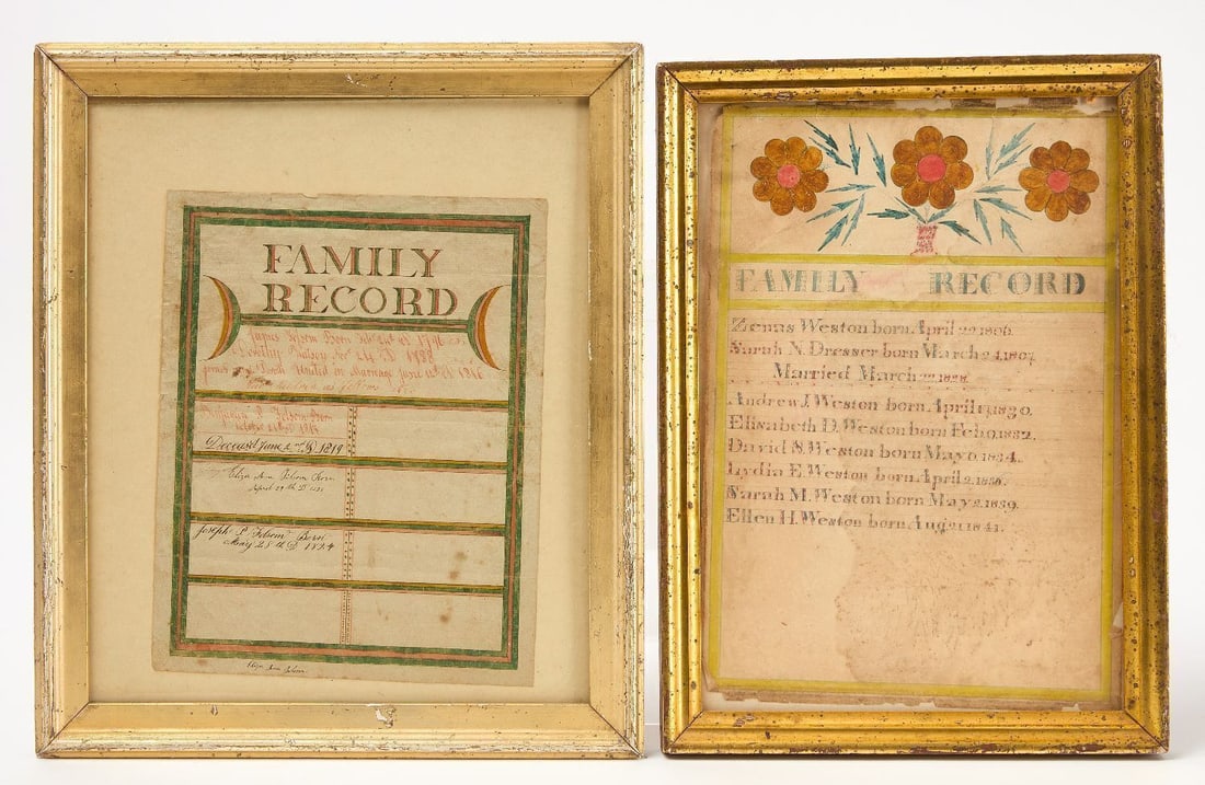 Two Watercolor Family Records: Two family records. Weston and Folsom families. Watercolor and ink on paper. First quarter 19th century. Frame: H 13-3/8 in. W 11-3/8 in. Paper: H 9 in. W 7 in. Frame: H 13 in. W 9-1/4 in.