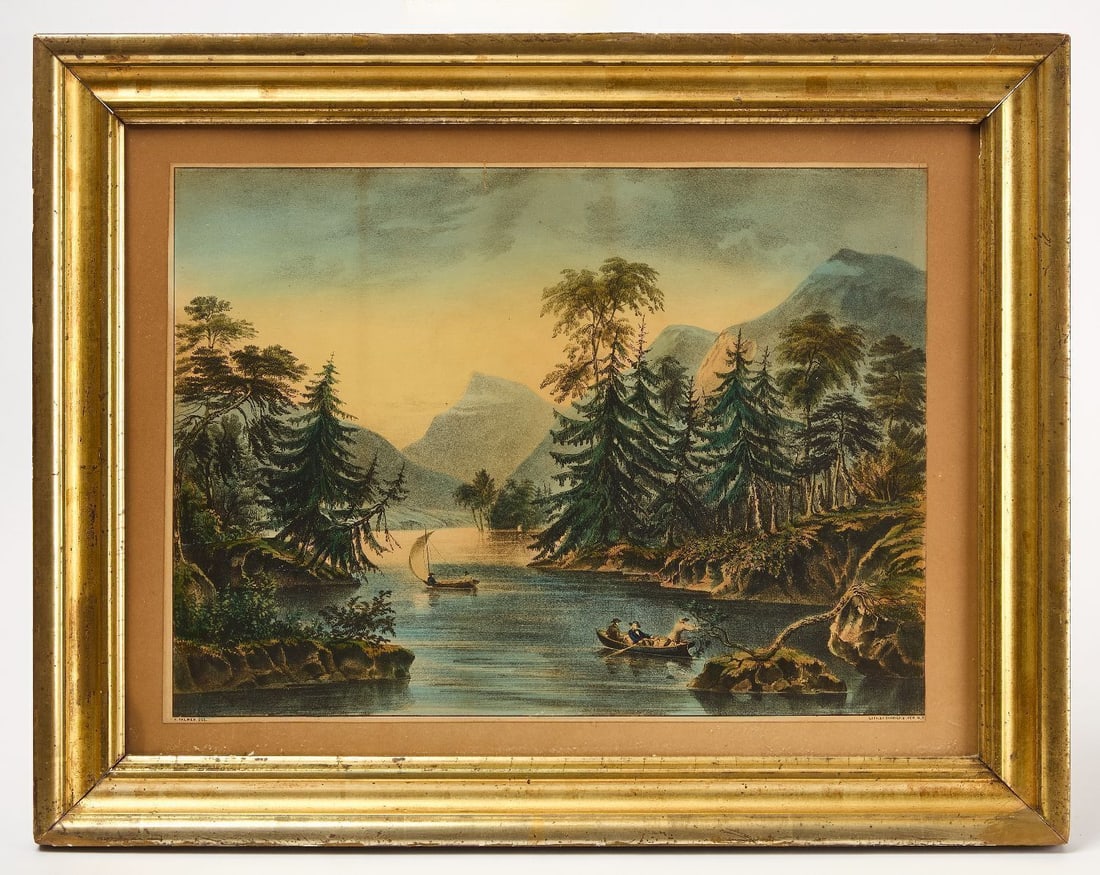 Currier & Ives - View on Lake George, NY: Currier & Ives , View on Lake George, New York. Chromolithograph on paper. Period gold leaf frame. Title and margins cropped. Period frame. Frame: H 21-3/4 in. W 27-3/4 in. Paper: H 15 in. W 21