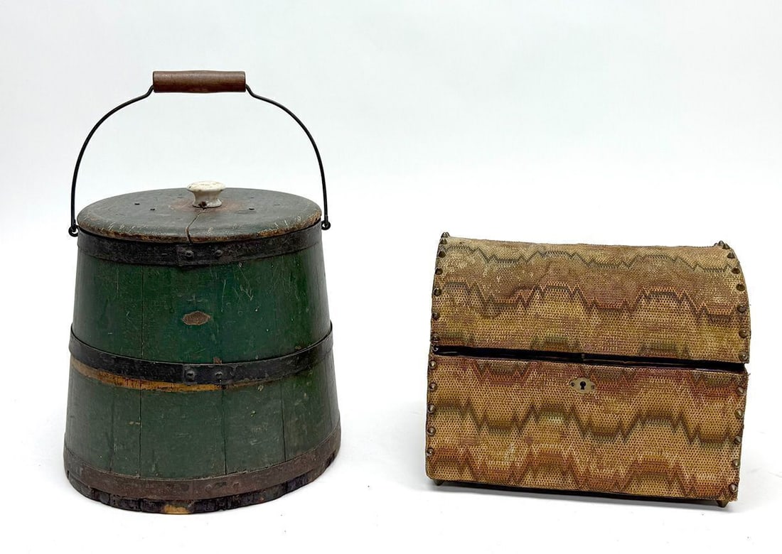 Firkin Bucket, Fabric Covered Box, and Coverlet: Firkin bucket with original green paint and porcelain knob with an early woven fabric covered box. American, 19th century. Firkin: H 10 in D 10-3/4 in. Box: H 8-3/4 in W 11 in. D 7-1/4 in. Together
