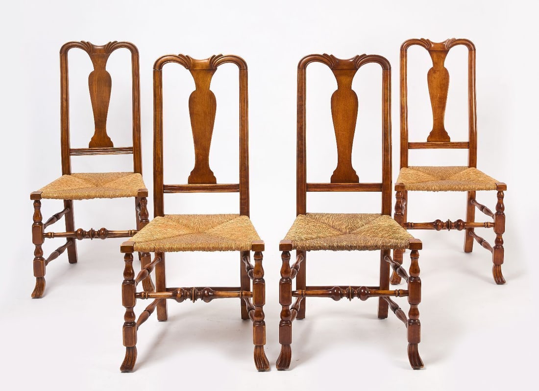 Set of Four Dining Chairs with Spanish Feet: Assembled set of Spanish foot dining chairs with double-ball turned front stretchers terminating on Spanish feet. Later rush seats, one in different wood finish. New England,late 18th century.