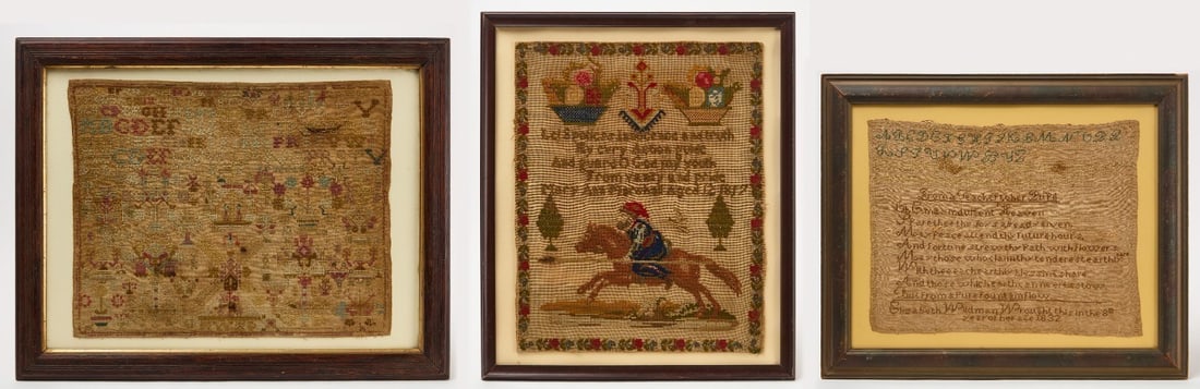 Three Needlework Samplers: Three needlework samplers. First with a horse and rider, wrought by Mary Ann Marshall, dated 1817. Second, another sampler wrought by Elizabeth Wildman in her 8th year of age, dated 1832. Third, a sam