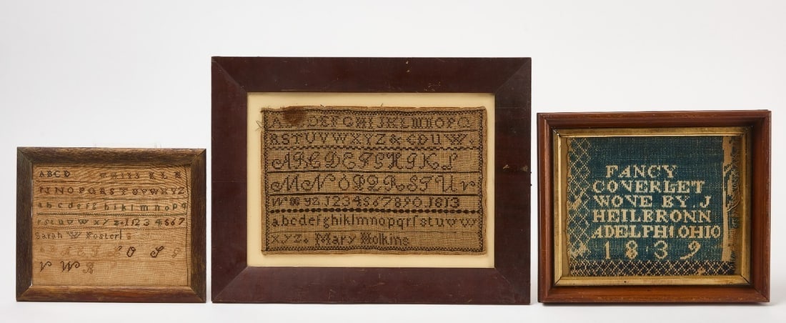 Two Needlework Samplers and Quilt Fragment: Two needlework samplers. Smaller wrough by 'Sarah Foster', undated. Larger wrought by 'Mary Wolkins', dated 1813. Together with a coverlet fragment, dated 1839. Frames: H 10-1/2 in. W 