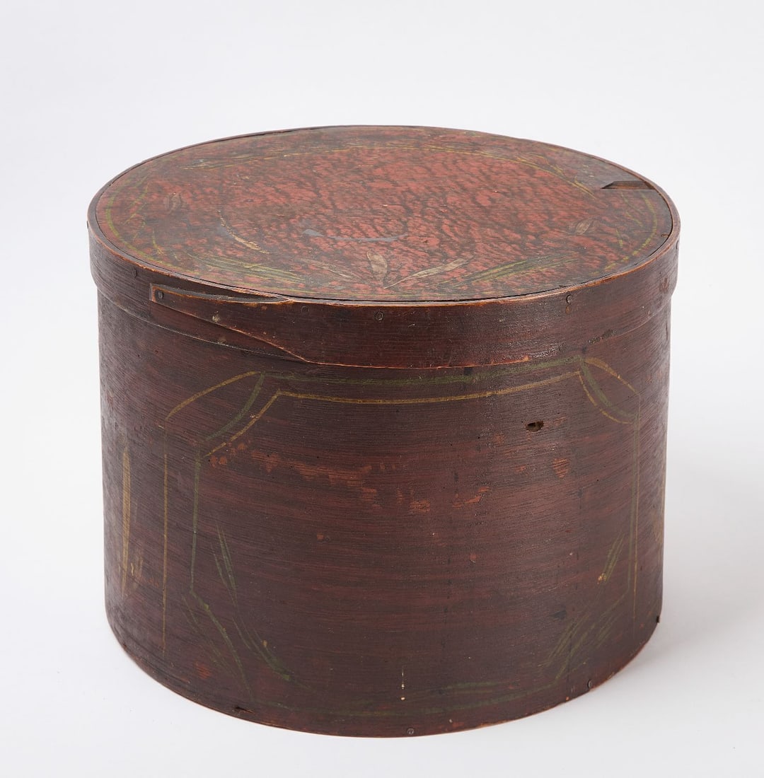 Large Paint-Decorated Pantry Box: Large paint-decorated pantry box with carved lid finger. Likely Shaker. American, mid 19th century. H 9-1/4 in. D 13-3/8 in.