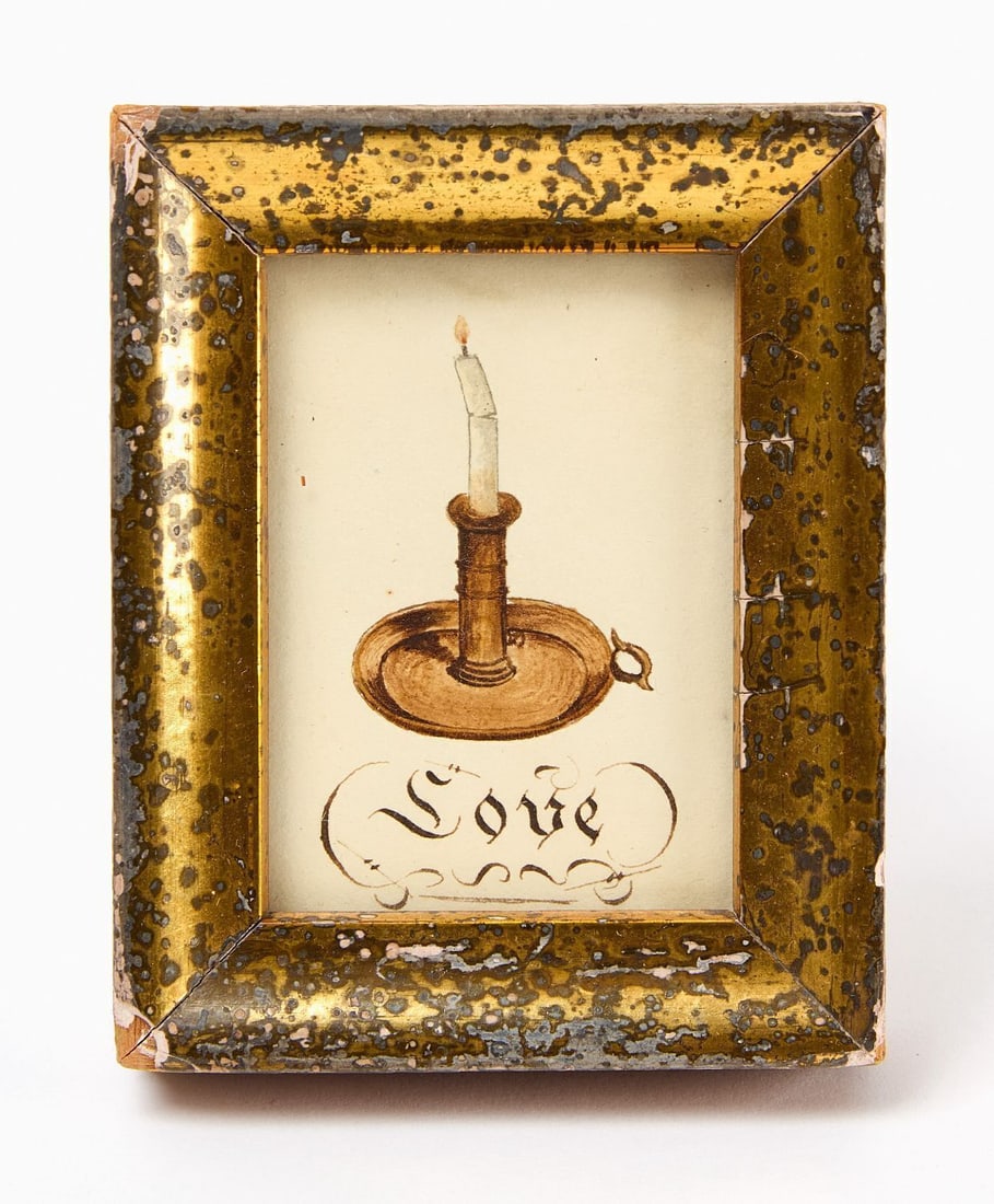 Love Token Watercolor: Love token 'chamberstick' miniature watercolor on paper. Together with an 1831 calligraphic love poem. Period goldleaf frame. Frame: H 3-1/4 in. W 2-5/8 in. Provenance: Walters