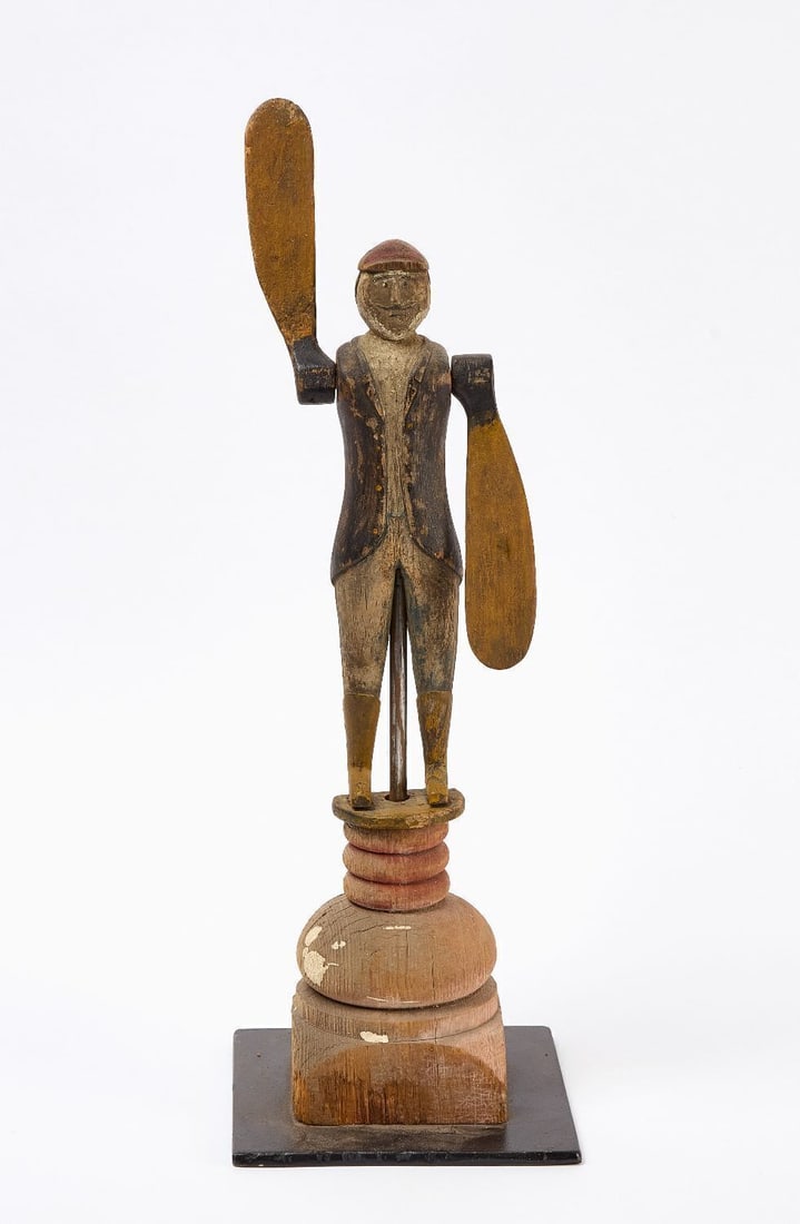 Whirligig Figure of a Man: Whirligig figure of a man with suit coat and boots. New england, 19th century. H figure frome soles to top of hat. 10 in.