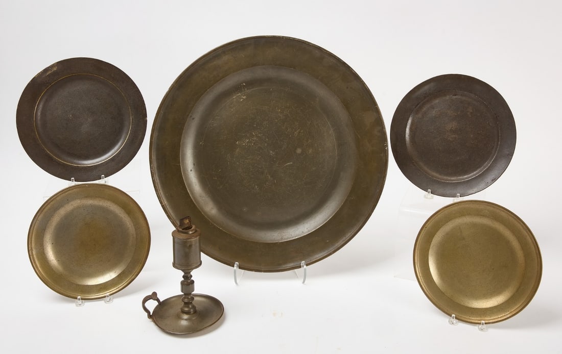 Pewter Lot with Two Splint Baskets - 2