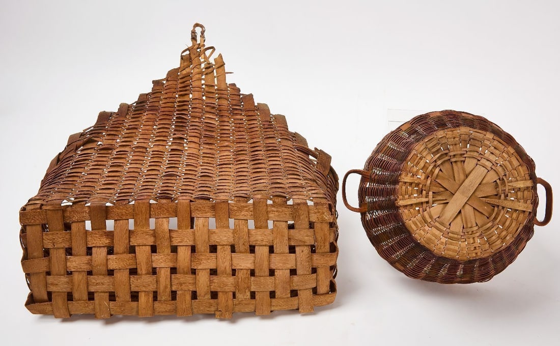 Pewter Lot with Two Splint Baskets - 8