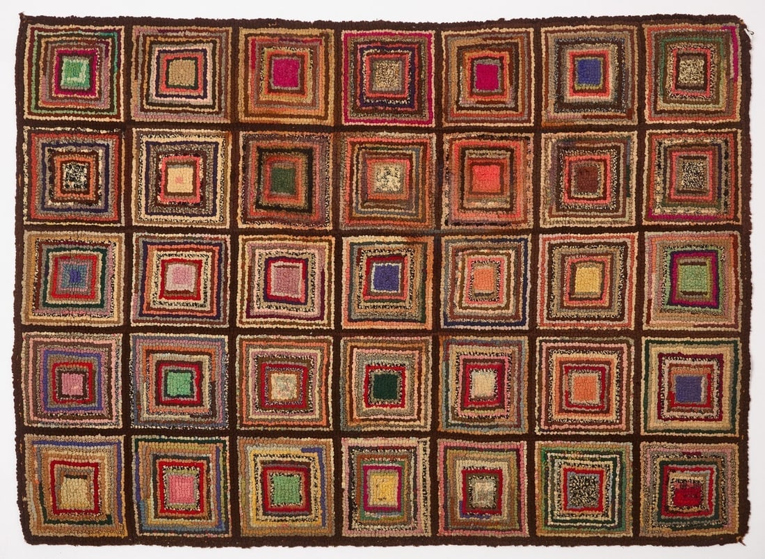 Log Cabin Hooked Rug: Log cabin hooked rug. American, late 19th century. L 34 in. W 48 in. 