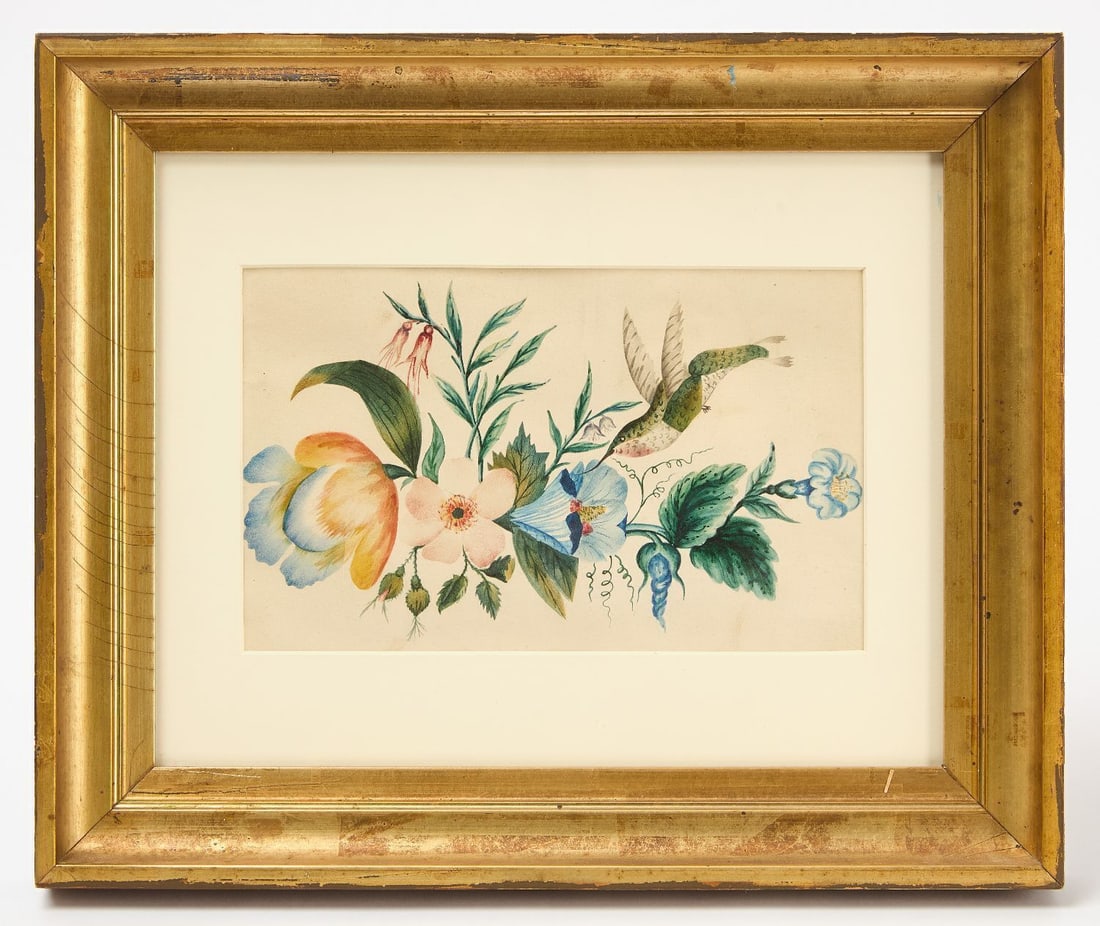 Floral Watercolor Theorem with Bird: Floral theorem with hummingbird. Watercolor on paper. Newer gilt frame and re-matted Oct 2025. Watercolor is American, 19th century. Frame: H 10-7/8 in. W 13-1/4 in. Mat Opening: H 5 in. W 8 in. 