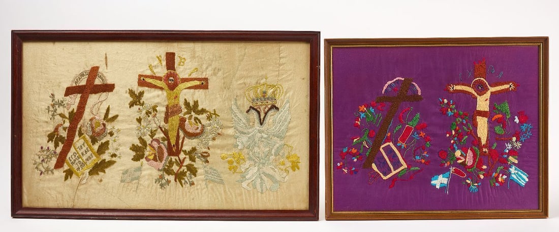 Two Biblical Needleworks and Penny Rug: Two Folk art biblical needleworks. Framed. 20th century. (Frames) H 17-3/8 in. W 21-1/4 in. H 18 in. W 29-1/2 in. Penny rug. American, late 19th century. L 39-1/2 in. W 37-1/2 in.