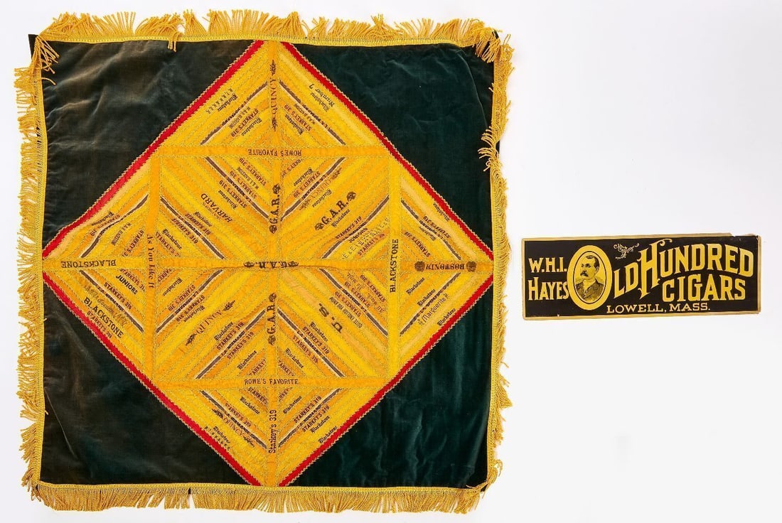 Cigar Band Silk Banner and Old Hundred Cigars Sign: Cigar band fringed silk banner. Together with an Old Hundred Cigars sign on cardstock. American, circa 1940. L 36 in. W 36 in. H 6-1/4 in. W 18-1/2 in.