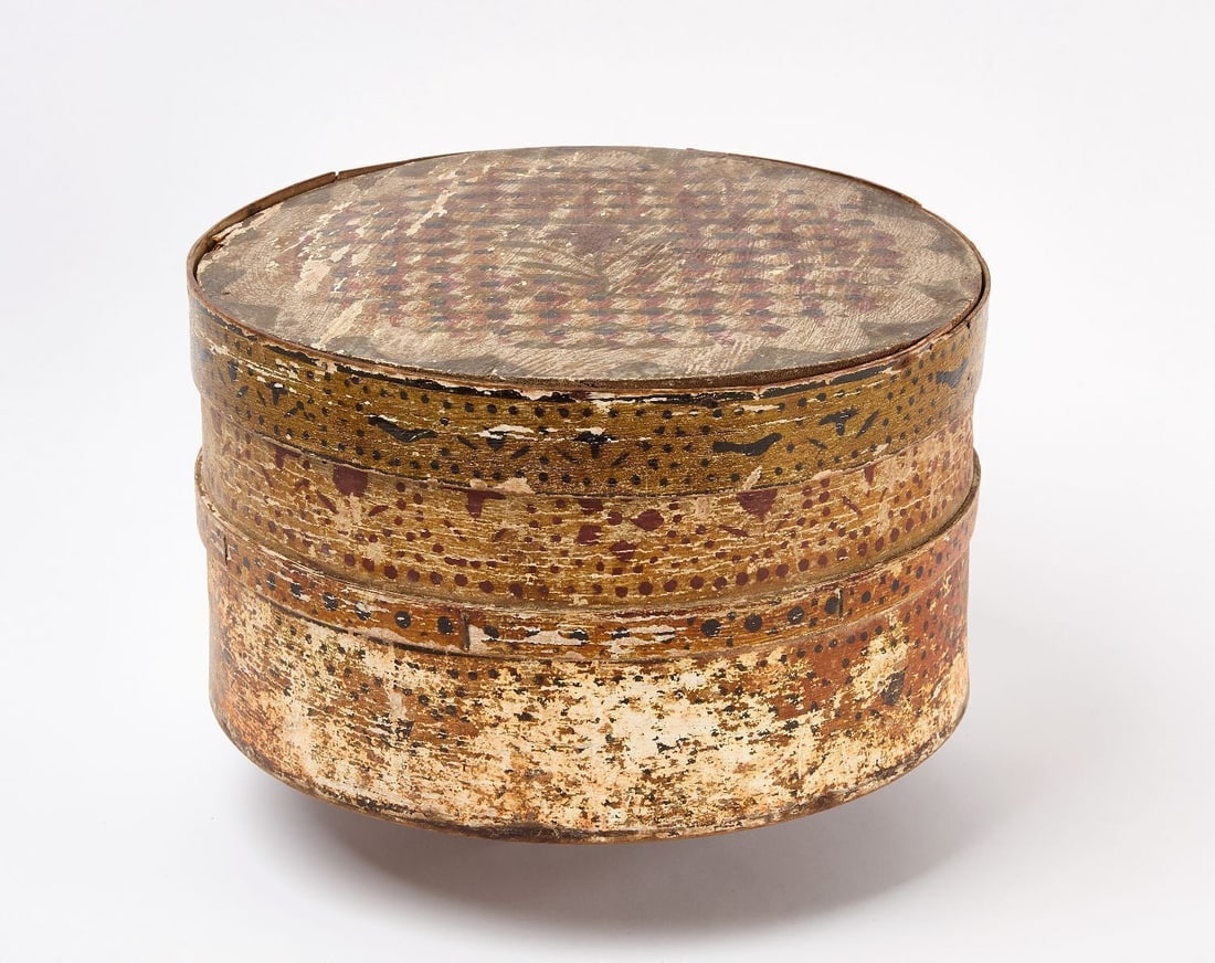 Paint-Decorated Grain Box: Grain painted box with original multi-color paint-decoration. Lid features a grid-like pattern with rose in the middle. American, 19th century. H 8 in. D 13-3/4 in.